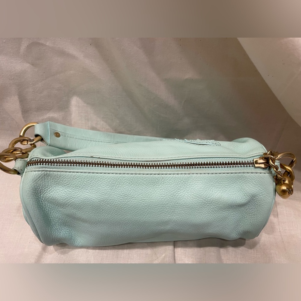 RARE JUICY Vintage Y2K Baby Powder Light Blue Small Leather Logo Barrel Bag - Picture 2 of 12
